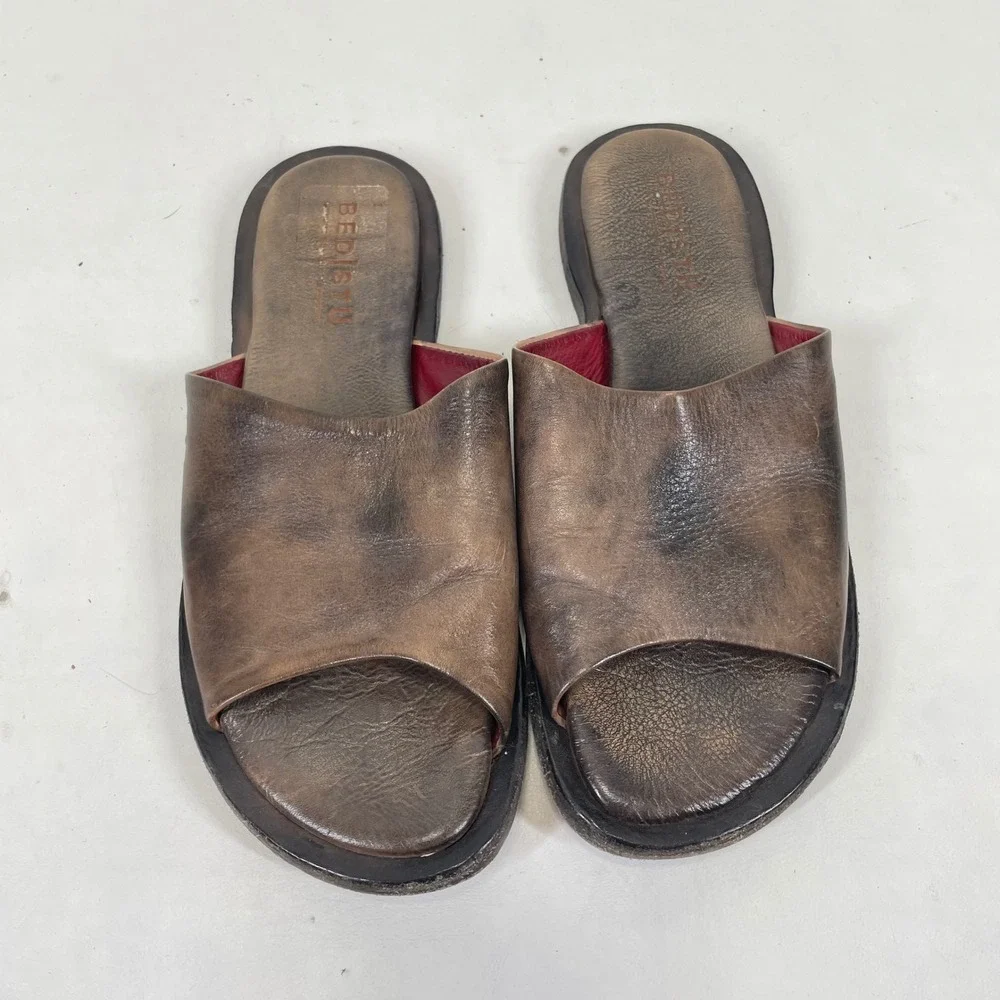 Bed Stu Brown Distressed Leather Slide Sandals Red Lining Mens 7.5 Mexico